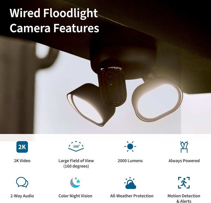 ARLO Wired Floodlight Camera, Home Security Camera with 2K Video and HDR, 2000 Lumens, Integrated Siren, Weather-Resistant, Color Night Vision, 160º Field of View, 2-Way Audio, Black (2025) - Image 2